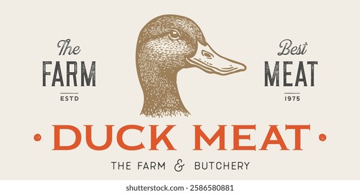 Duck, mallard sketch. Hand drawn sketch. Meat tag, food label template. Vintage retro print, black white Duck, mallard drake drawing. Silhouette duck, mallard drake. Vector Illustration