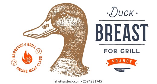 Duck, mallard sketch. Hand drawn sketch. Meat tag, food label template. Vintage retro print, black white Duck, mallard drake drawing. Silhouette duck, mallard drake. Vector Illustration