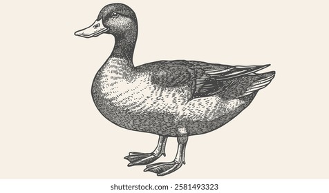 Duck, mallard sketch. Vintage retro print, black white Duck, mallard drake drawing, engrave old school style. Sketch artwork silhouette duck, mallard drake on white background. Vector Illustration