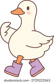Ente marschiert vorwärts tragen Stiefel, abgerundete Umrisse, errötete Wange, und saubere Kontur. Symbol für Selbstvertrauen, Spaß, kinderfreundlichen Charakter und Parade-Stimmung. Cartoon, Vektorgrafik.