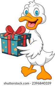 Duck mascot cartoon is holding a gift box