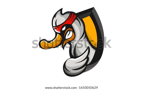 Duck mascot gaming logo design\
vector illustration. Angry duck character is wearing a\
headband.
