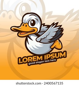 Duck mascot logo design, flying duck icon logo with cute style cartoon, goose mascot logo design