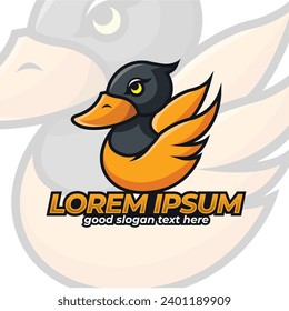 Duck mascot logo design, flying duck icon logo with cute style cartoon, goose mascot logo design