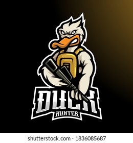 Diseño del logo de la mascota Pato. cazador de patos porta una pistola para jugar