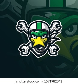 duck mascot logo design vector with modern illustration concept style for badge, emblem and tshirt printing. duck head illustration with helmet.