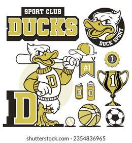 Duck Mascot and Sport Object Retro Style