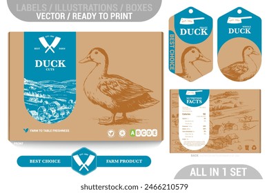 Duck meat packaging design set featuring detailed hand drawn illustrations, accents and informative labels. Perfect for farms, butchers, and supermarkets seeking a high-quality meat 