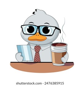 Duck meme drinks coffee and reads a newspaper. The illustration shows a business duck wearing a shirt