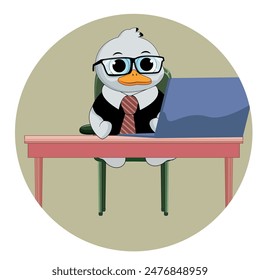 Duck meme working on a laptop. The illustration shows a white duck sitting at a table with a laptop.