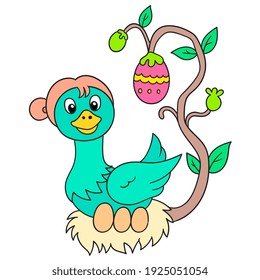 duck mother in the nest incubates the eggs, vector illustration art. doodle icon image kawaii.