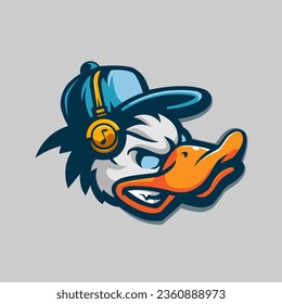 Duck Music. Angry Duck wearing headphones illustration design vector 