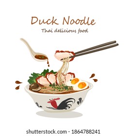 Duck noodle soup vector isolated on white background. Thai delicious food.