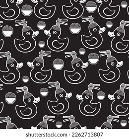Duck with noodles, vector graphic. Pattern. Dark background. seamless image