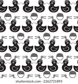 Duck with noodles, vector graphic. Pattern. White background. seamless image
