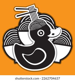 Duck with noodles, vector graphics. Postcard, logo. orange background
