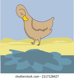 Duck oiling himself with his beak vector illustration