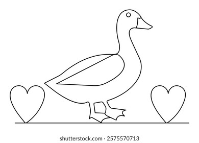 Duck one line drawing of minimalist vector icon with black and white background