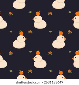 Duck and orange cartoon so cute. On flower leaf background. Pattern seamless vector illustration. 