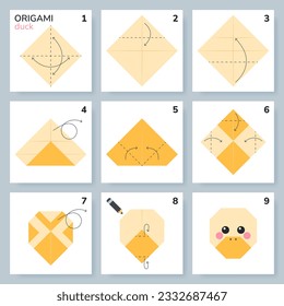 Duck origami scheme tutorial moving model. Origami for kids. Step by step how to make a cute origami duck. Vector illustration.