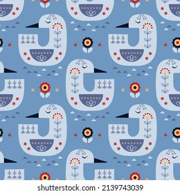 Duck Ornament Scandinavian Folk Art Design. Birds and Flowers Colorful Seamless Pattern. Vector illustration. 