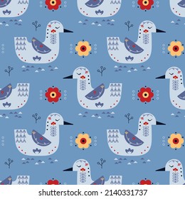 Duck Ornament Scandinavian Folk Art Design. Birds and Flowers Colorful Seamless Pattern. Vector illustration. 