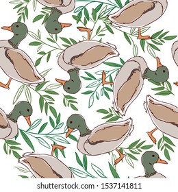 Duck pattern seamless. Vector illustration. Print design for textiles. Sketch bird.