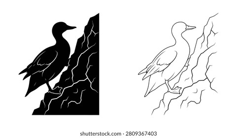 Duck perched on rocky cliff silhouette