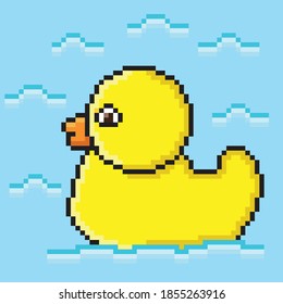 Duck pixel art. Vector picture. Pixel art 8-bit style yellow duck icon. Vector illustration.