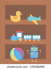 robot de la bola del tren del avión del pato objeto de juguetes para niños pequeños para jugar la caricatura en la plataforma de la madera ilustración del vector