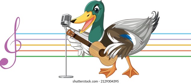 The duck play guitar, ukulele with music note illustration