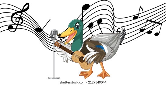 The duck play guitar, ukulele with music note illustration