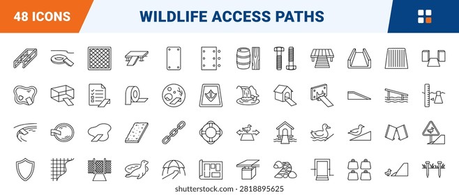 Duck pond access ramp line icon set covering wildlife, safety, incline, and dock concepts, thin linear illustration.