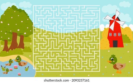 Duck and pond with birds, windmill and haystacks in cartoon style, printable worksheet for kids with labyrinth, farm themed logical puzzle
