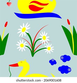 duck in a pond, duck and flowers and love with soft blue background, a simple flat vector background