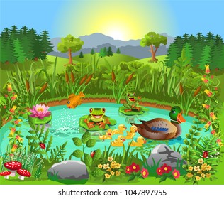 Duck pond near the forest and mountains