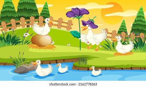 Duck at the pond scene illustration