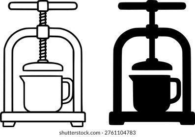 Duck press vector icon illustration, outline and silhouette, for cooking equipment design, isolated on transparent background