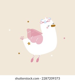 Duck prima ballerina with floral wreath. Cute childish graphic. Vector hand drawn illustration.