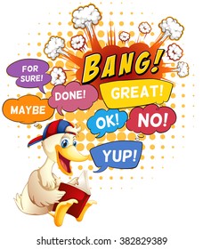 Duck reading and expression words illustration