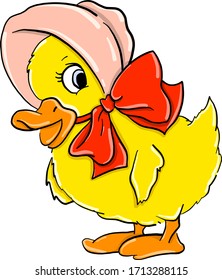 Pato con arco rojo, ilustración, vector sobre fondo blanco