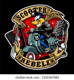 duck riding classic scooter on black background, t-shirt design, biker, supermoto, club, patch, naked bike, cool helmet, arai, shovelhead, panhead, knucklehead, vespa, lambretta, vector templates