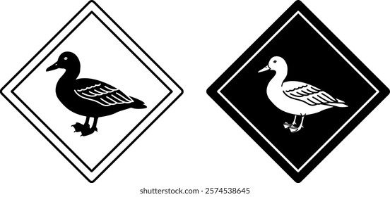 Duck Road Signs. Black and White Vector Icons. Waterfowl. Road Sign Warning About Animals Crossing the Road. Sticker for Zoo  