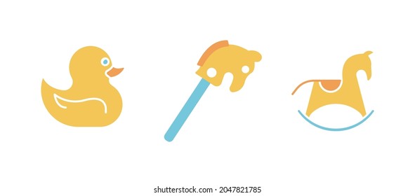 Duck, rocking horse and club horse toy icon set. Fun and game icon. Child toy set. Editable row set. Colorful icon set.