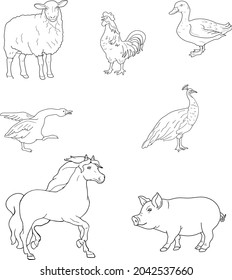 Ente, Hahn, Gänse, Schafe, Pfau, Pferd, Schwein einzeln auf weißem Hintergrund. Handgezeichneter Skizze-Stilsatz. Vektorgrafik.