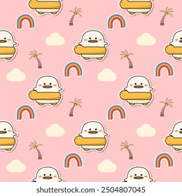 Duck rubber ring cartoon so cute. On rainbow tree cloud pink background. Pattern seamless vector illustration. 