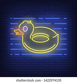 Duck rubber ring neon sign. Swimming, water, safety. Inflatable toy concept. Vector illustration in neon style for advertising, toy shop, entertainment