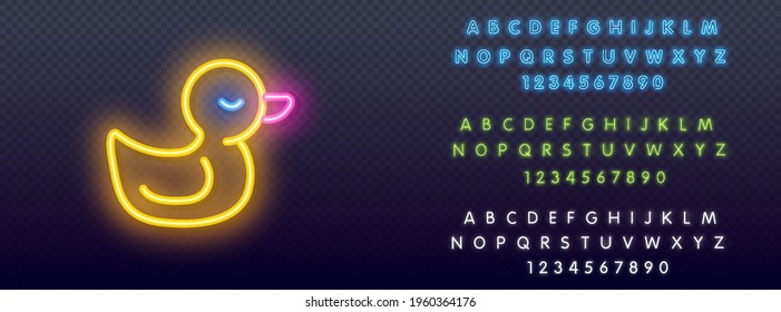 Duck rubber ring neon sign. Swimming, water, safety. Inflatable toy concept. Vector illustration in neon style for advertising, toy shop. Baby duck for swimming neon icon. Vector illustration