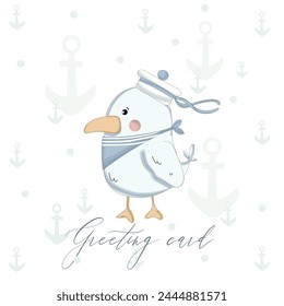 duck sailor on the beach vector illustration in cartoon style.eps