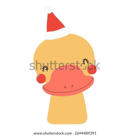 Duck in a Santa Claus hat isolated on transparent. Hand drawn flat vector illustration. Cute cartoon character. Traditional Christmas, New Year, seasonal design element, holiday clip art